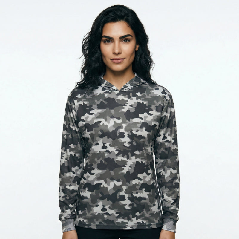 Woman wearing a camouflage hoodie on a white background
